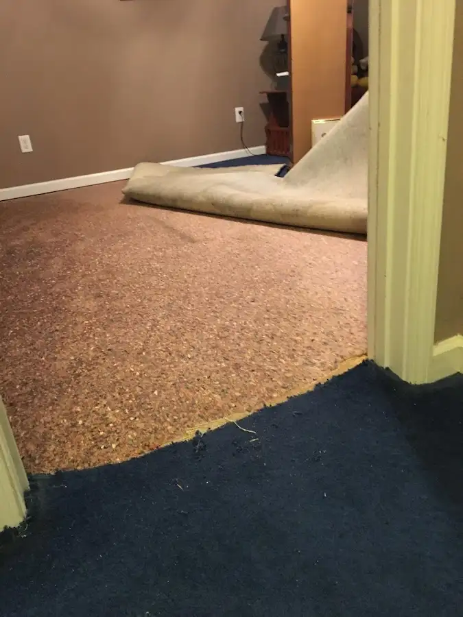Carpet pad removal revealing water damage during Water Mitigation Services in Saratoga Springs